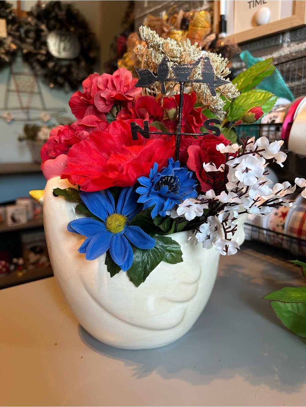 Hand Crafted Red, Blue & White Floral Face Vase